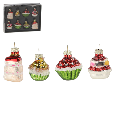 SET OF 8 GLASS CHRISTMAS TREE DECORATIONS - CUPCAKES