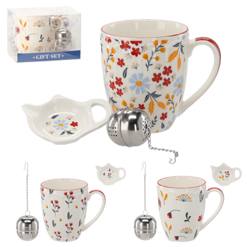 KPL. KUBEK PORCELANOWY 350ML + PORCELANOWA PODSTAWKA + ZAPARZACZ KWIATY *6101