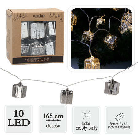 LED REŤAZEC S STRIEBORNÝMI DARČEKMI 10 L TEPLÁ BIELA *0962