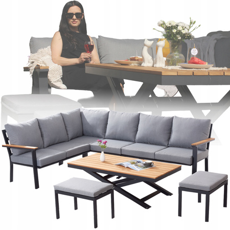 HLINÍKOVÝ TEAKOVÝ ZÁHRADNÝ NÁBYTOK (ROHOVÁ SOFA + STÔL + 2 TABURETY) ANTRACITOVÁ + ŠEDÉ VANKÚŠE *0411