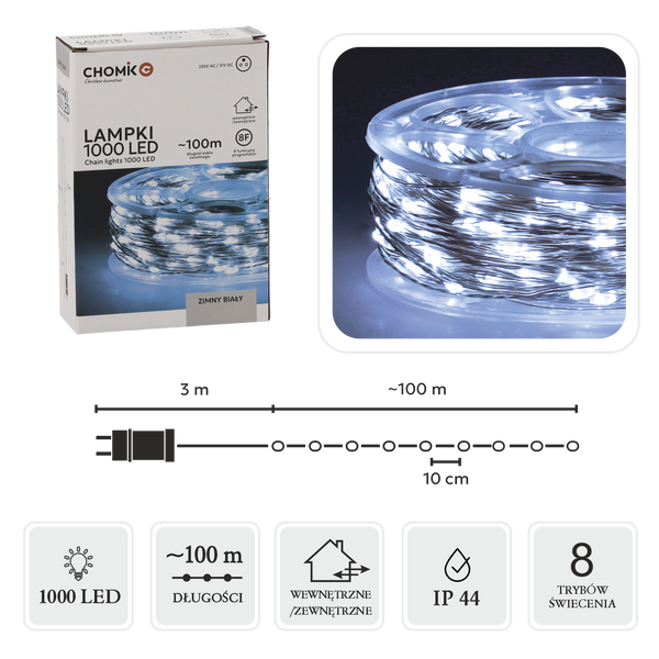 LAMPKI LED DRUCIKI NA SZPULI 1000L ZIMNY BIAŁY, DŁ. 3 + 100 M *0092