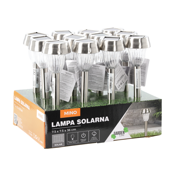 SOLAR LANTERN MINO 7.5 x 7.5 x 36 CM SILVER COLD WHITE disp=12pcs