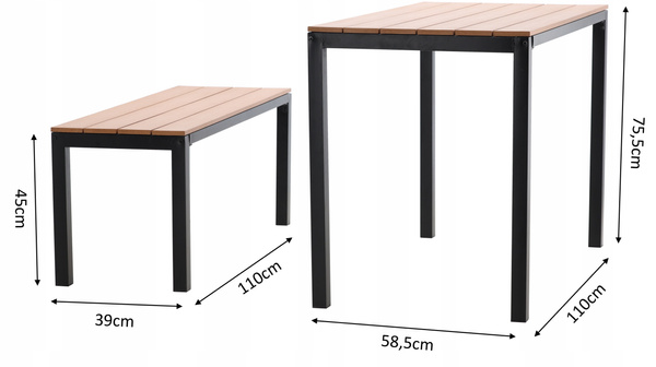 ZESTAW MEBLI OGRODOWYCH STÓŁ 110 x 58.5 x 75.5 CM + 2 ŁAWKI 110 x 39 x 45 CM BRĄZOWY