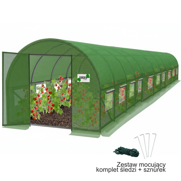 TUNEL FOLIOWY OGRODOWY 10 SEGMENTOWY ZIELONY 10 x 5 x 2 M Z DRZWIAMI NA ZAWIASIE