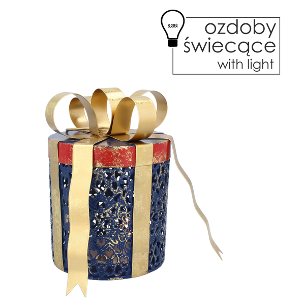 Vianočná ozdoba - metalový guľatý darček s mašľou LED 15 x 15 x 20 CM *5258