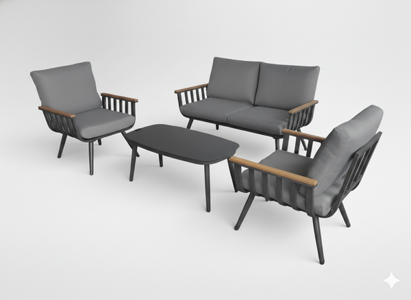 SADA HLINÍKOVÝCH NÁBYTKOV ( SOFA + 2 KRESLÁ + STÔL ) ŠEDÁ + ŠEDÉ VANKÚŠE *8151