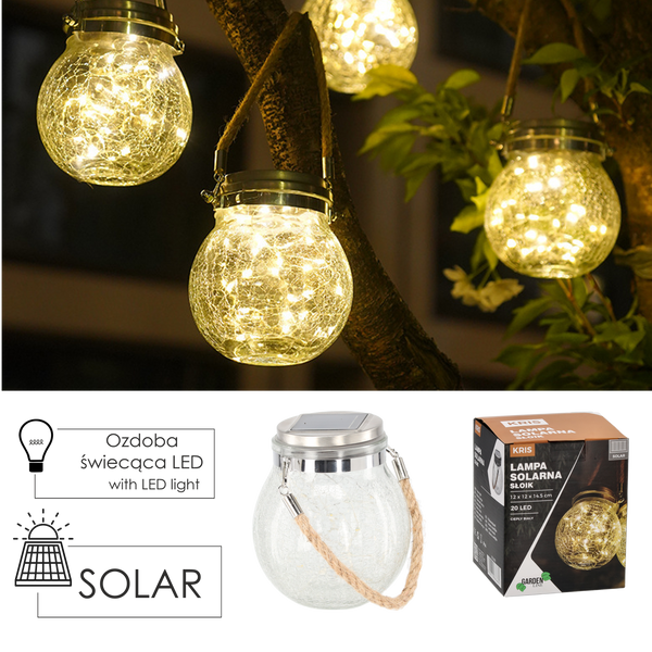 SOLÁRNÍ LAMPA - SKLENICE 12 x 12 x 14,5 CM KRIS 20 LED TEPLÁ BÍLÁ *3682