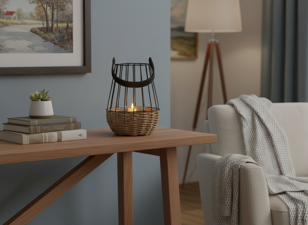 LAMPION METALOWY - CZARNO-BRĄZOWY 22/37 CM Z WKŁADEM SZKLANYM