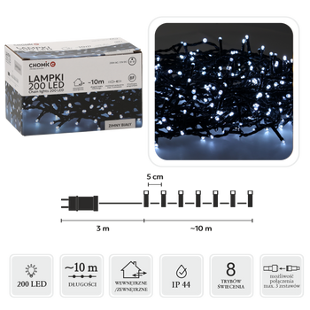 LAMPKI LED 200L ZIMNY BIAŁY DŁ. 3 + 10 M WEWN/ZEWN *9454