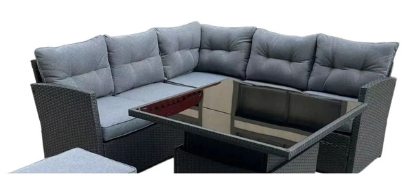 ZESTAW MEBLI RATTANOWYCH ( SOFA NAROŻNA + 2 PUFY + STOLIK Z REGULOWANĄ WYS. ) SZARY + SZARE PODUSZKI