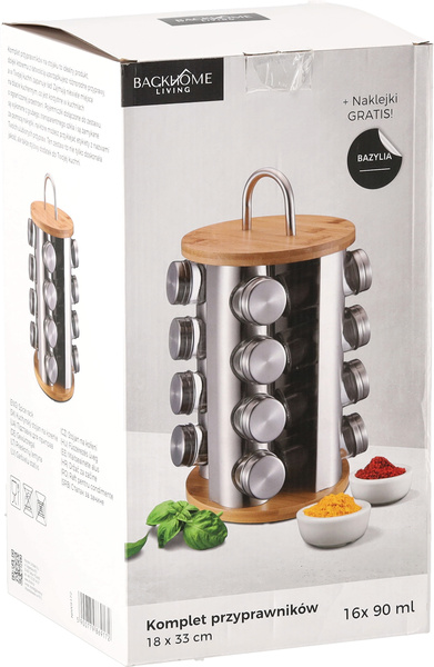 PRZYPRAWNIK OKRĄGŁY 18 x 33 CM Z RĄCZKĄ 16 SŁOICZKÓW BAMBUSOWO-SREBRNY *9172