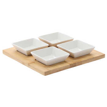 SADA NA SERVÍROVANIE PREDKRMOv - 4 ŠTVORCOVÉ PORCELÁNOVÉ MISKY S BAMBUSOVOU DOSKOU 22x22x3,5CM *7279