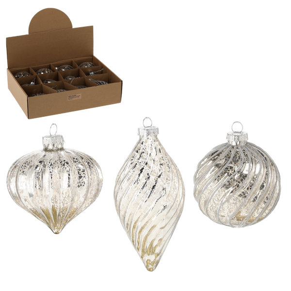 SKLENENÁ OZDOBKA FI 8 CM STRIEBORNÁ MIX VZOROV disp=12ks *4006