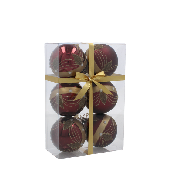 SET OF 6 CHRISTMAS BAUBLES DARK RED 7 CM