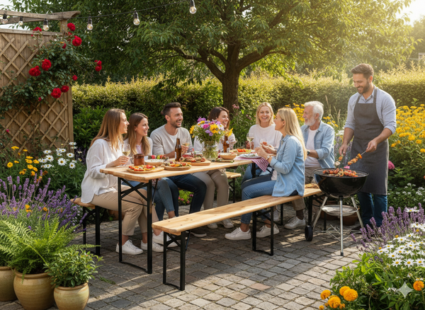 ZESTAW BIESIADNY - STÓŁ 220 x 50 x 77 cm + 2 ŁAWKI 220 x 25 x 47 cm - SKŁADANY