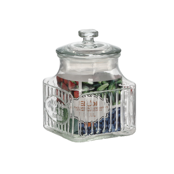 SKLENĚNÝ ČTVERCOVÝ DŽBÁN 1,1L OZDOBENÝ SKLENĚNÝM VÍČKEM *0925