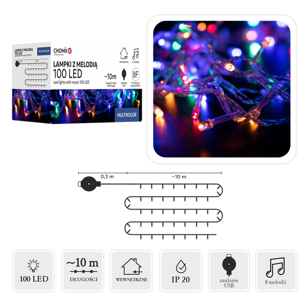 LAMPKI LED Z MELODIĄ USB 100L MULTIKOLOR, DŁ. 0,3 + 10 M *8516