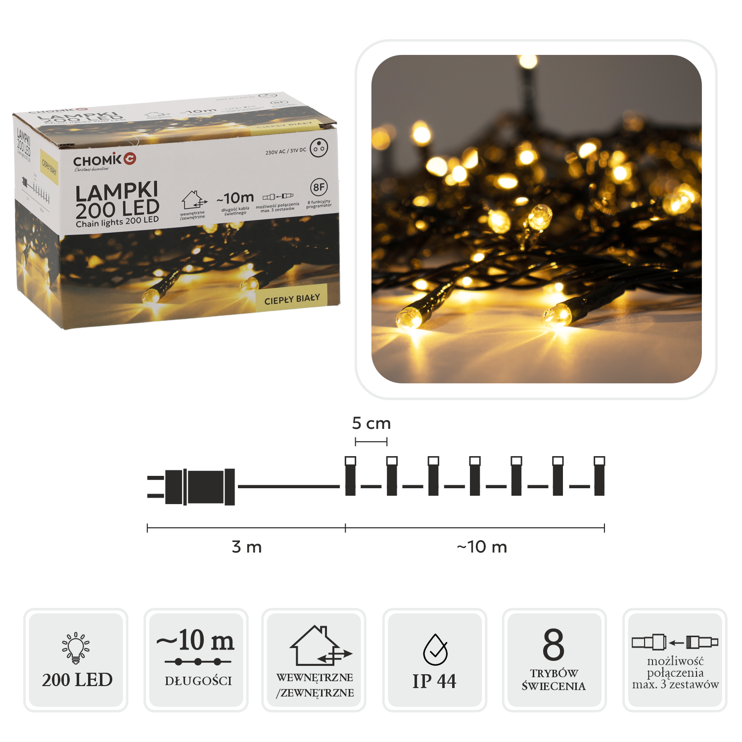 LAMPKI LED 200L CIEPŁY BIAŁY, DŁ. 3 + 10 M WEWN/ZEWN *9447
