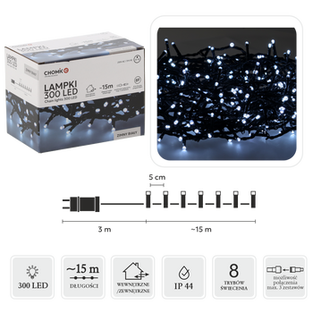 LAMPKI LED 300L ZIMNY BIAŁY DŁ. 3 + 15 M WEWN/ZEWN *9515