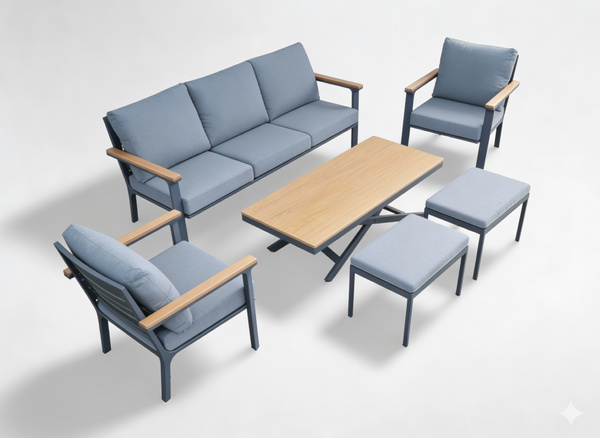 ZESTAW MEBLI OGRODOWYCH ALUMINIOWYCH TEAKOWYCH (SOFA + 2 FOTELE + STÓŁ + 2 TABORETY) ANTRACYT + SZARE PODUSZKI