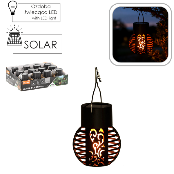 LAMPA SOLARNA FLAME 7 x 7 x 9 CM CZARNA CIEPŁY BIAŁY disp=12szt *4320