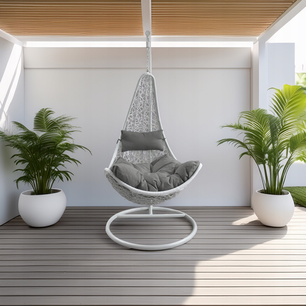 FOTEL WISZĄCY BIAŁY, PODUSZKA - CIEMNOSZARA , RAMA - BIAŁA, POŁÓWKA