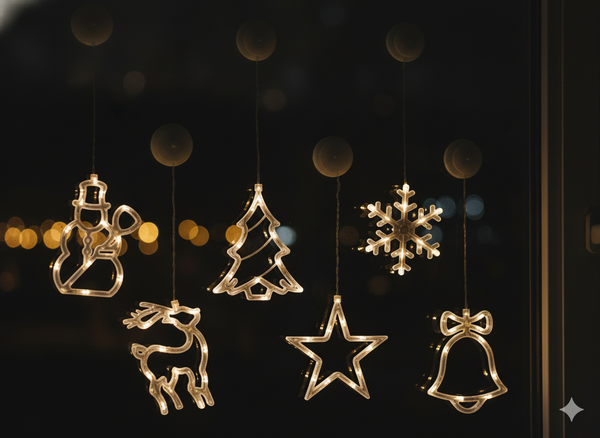 DECORAȚIUNE FESTIVĂ PENTRU FEREASTRĂ LED CU SUCTIE PE BATERII 10L MIX 6 MODELE *4017