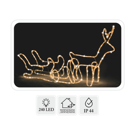 ŚWIĄTECZNY RENIFER Z SANIAMI LED 120 x 27 x 66 CM CIEPŁY BIAŁY + ZIMNY FLASH WEWN/ZEWN *8356