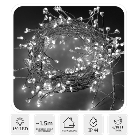 LAMPKI MICRO LED CLUSTER 150L ZIMNY BIAŁY, DŁ. 0,3 + 1,5 M NA BATERIE *1810