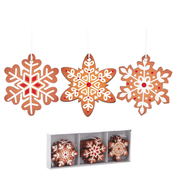 SET OF 18 WOODEN CHRISTMAS DECORATIONS BROWN ASSORTED 3 DESIGNS SNOWFLAKES