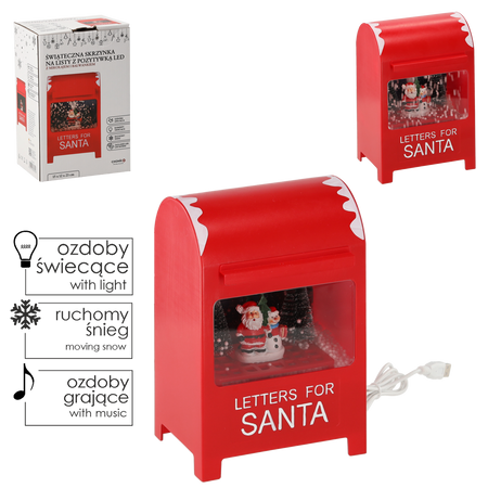 ŚWIĄTECZNA SKRZYNKA NA LISTY 15 x 12 x 23 CM Z POZYTYWKĄ LED - CZERWONA - Z BAŁWANEM I MIKOŁAJEM *3498