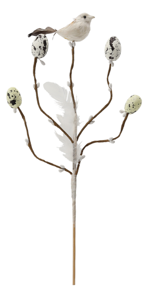 VEĽKONOČNÁ OZDOBNÁ ZÁPICH - VETVIČKA S PTÁČIKOM A VAJÍČKAMI 24 CM MIX 4 FARIEB *9571