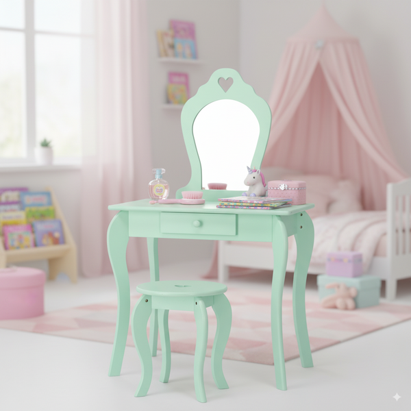 MAŁA TOALETKA KOSMETYCZNA MIĘTOWA Z LUSTREM + TABORET *3549