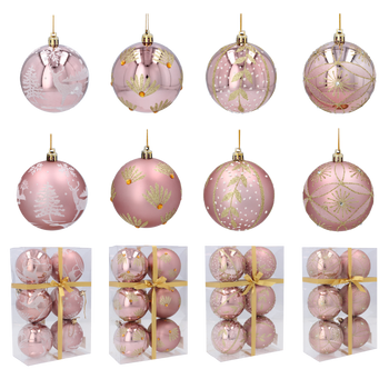 SET OF 6 CHRISTMAS BAUBLES 8 CM PINK MIX DESIGNS