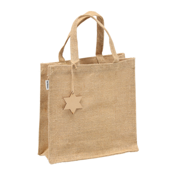 TORBA Z JUTY ZE ZŁOTĄ NITKĄ I ZAWIESZKĄ 25 x 25 x 10 CM - NATURAL opak=10szt *6851