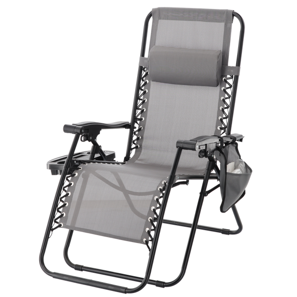 FOLDING GARDEN SUN LOUNGER WITH BASE, POCKET AND HEADREST GREY