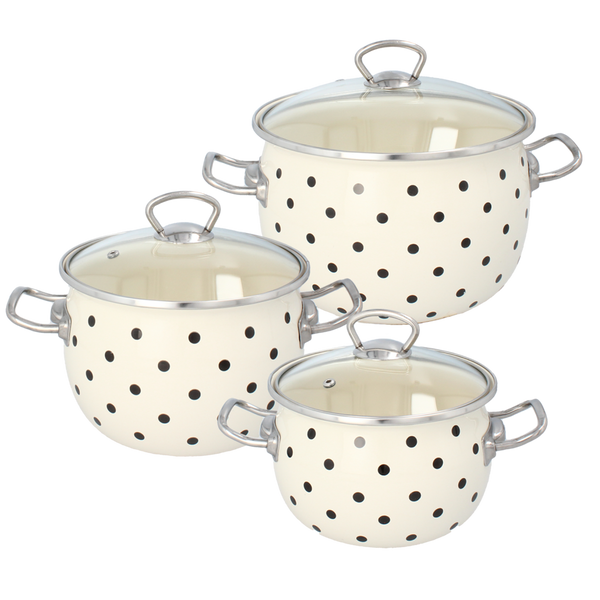 KPL. 3 GARNKÓW EMALIOWANYCH 2,5 L, 3,5 L, 5 L BIAŁY KROPKI Z/P SZKL *3646