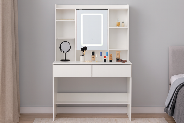 TOALETĂ COSMETICĂ ALBĂ CU Oglindă LED ȘI RAFT PENTRU BIJUTERII *2282