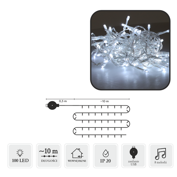 LAMPKI LED Z MELODIĄ USB 100L ZIMNY BIAŁY, DŁ. 0,3 + 10 M *8509