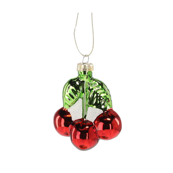 ORNAMENT DE CRĂCIUN DIN sticlă 6 x 4.7 x 7.5 CM - CIREȘE CU FRUNZIȚE pachet=12buc *2690