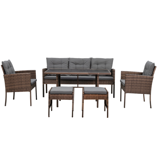 RATTAN FURNITURE "VADUZ" SET (SOFA + 2 ARMCHAIRS + 2 STOOLS + TABLE) BROWN + GREY CUSHIONS