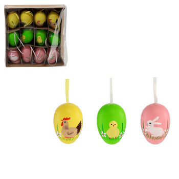 SET DE 12 OUĂ DE PAȘTE 19 x 19 x 5 CM CU PANDANTIV GALBEN - VERDE - ROZ * 8203