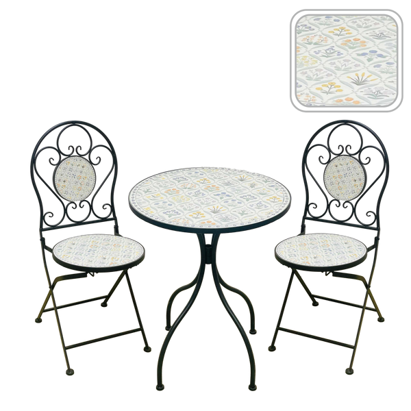 ZESTAW MEBLI OGRODOWYCH METALOWYCH MOZAIKA "LOULOUDIA" STÓŁ + 2 KRZESŁA