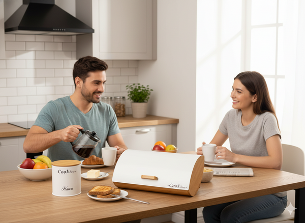 CHLEBAK AGLIO - BAMBUSOWY Z POKRYWĄ METALOWĄ 36,5 x 25 x 13 CM BIAŁY MAT + 3 POJEMNIKI 11,5x11,5x12 CM