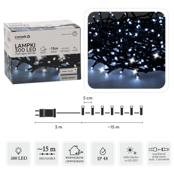 LAMPKI LED 300L ZIMNY BIAŁY + ZIMNY FLASH, DŁ. 3 + 15 M WEWN/ZEWN *9546
