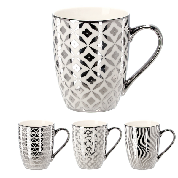 HRNČEK PORCELÁNOVÝ STRIEBORNÝ-BIELY 340ML MIX VZOROV balenie=12 ks *6219