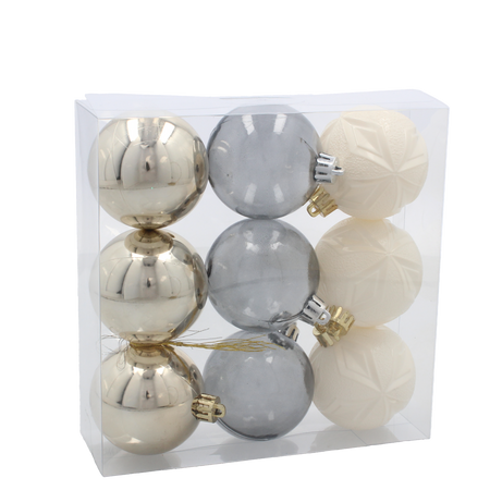 SET OF 9 BAUBLES 6 CM CHAMPAGNE/GRAY/WHITE