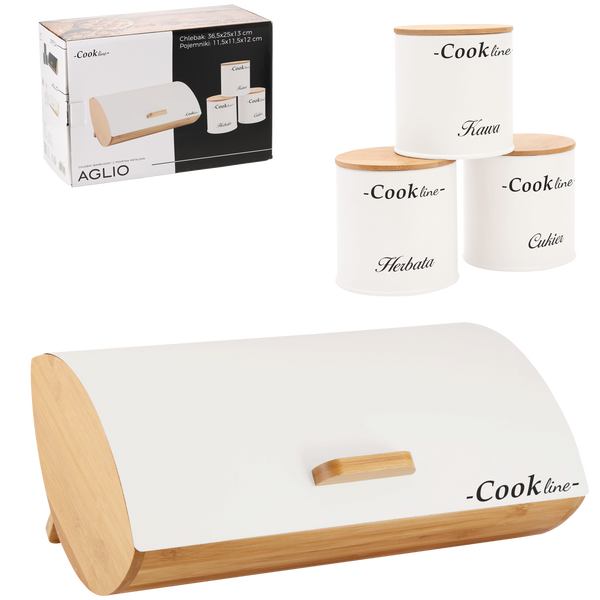 CHLEBAK AGLIO - BAMBUSOWY Z POKRYWĄ METALOWĄ 36,5 x 25 x 13 CM BIAŁY MAT + 3 POJEMNIKI 11,5x11,5x12 CM *4942