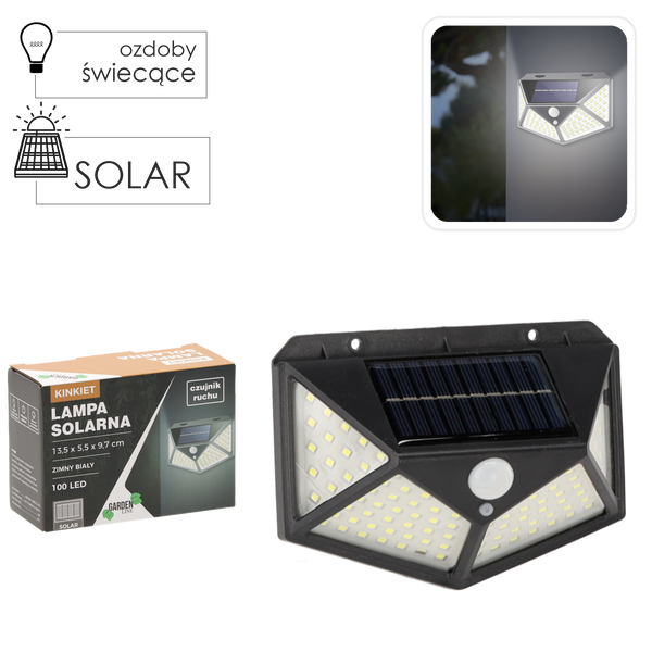 LAMPA SOLARNA 13,5 x 5,5 x 9,7 CM KINKIET Z CZUJNIKIEM RUCHU 100 LED ZIMNY BIAŁY  *6124
