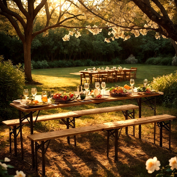 BEER TABLE SET - TABLE 220 x 50 x 77 cm + 2 BENCHES 220 x 25 x 47 cm - FOLDING *2829